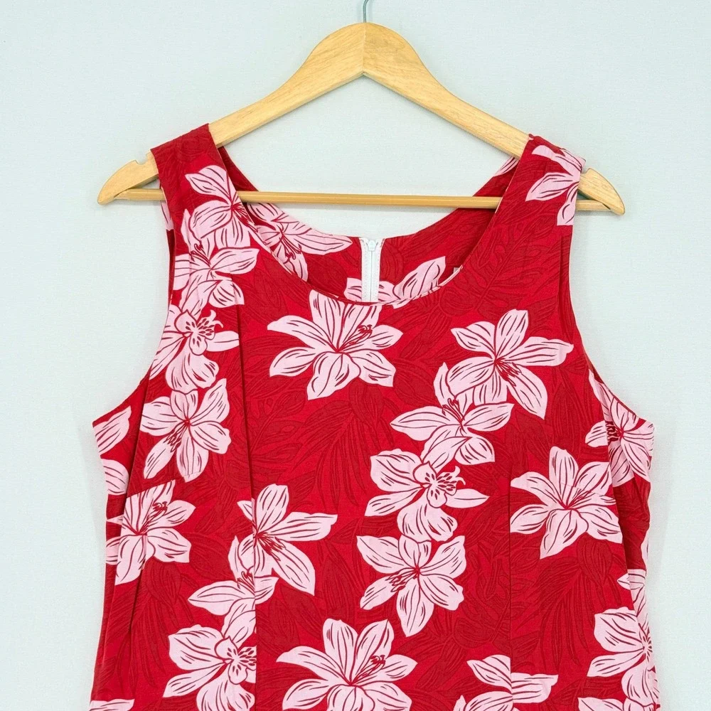 Ho Aloha Floral Sheath Dress Women XL Red Pink Hawaiian Rayon Tropical Retro